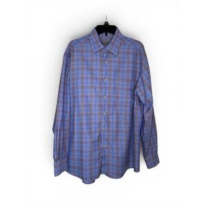 Talbots Mens L Blue Plaid Button Up Shirt Cotton Tencel Long Sleeve Hong Kong